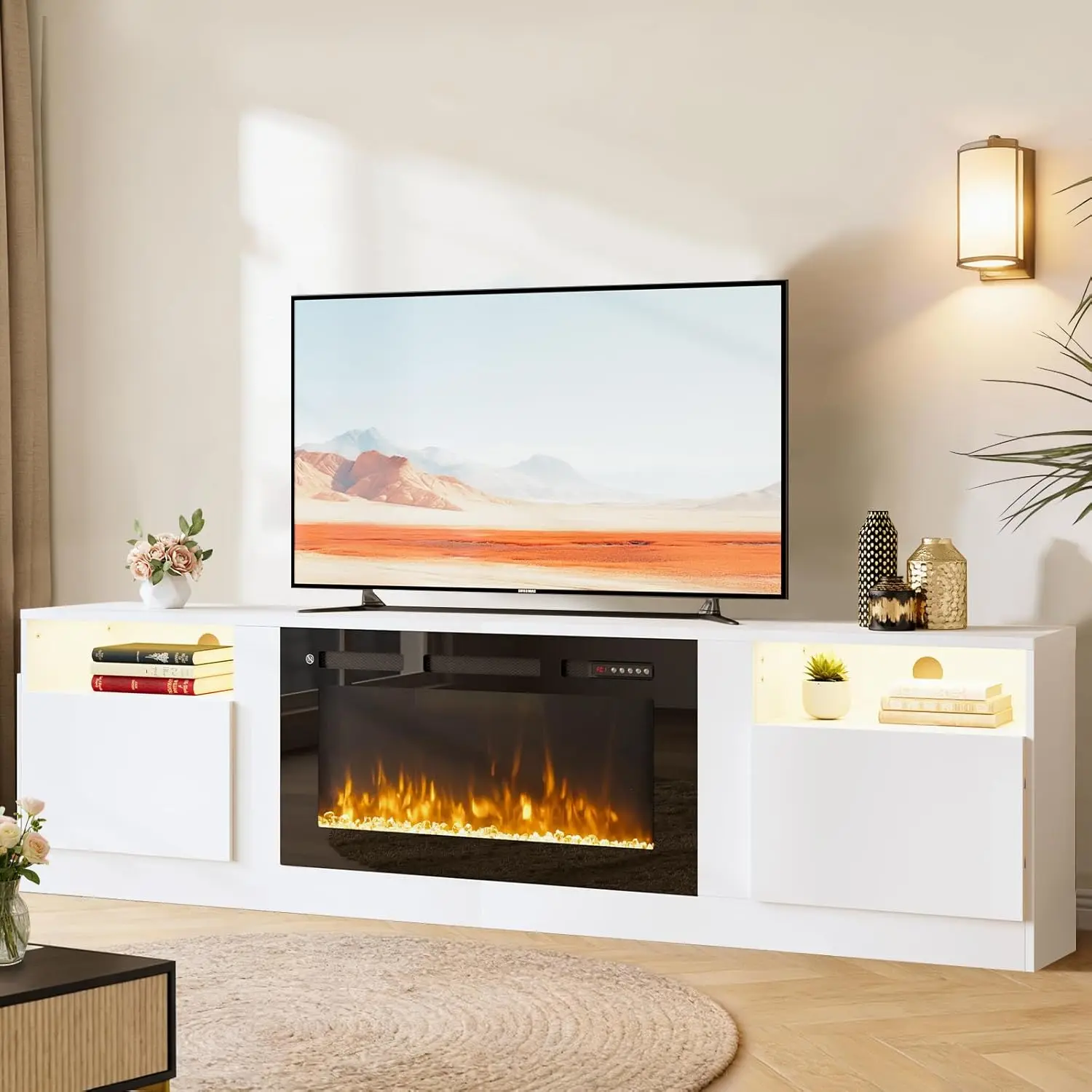 

Modern Electric Fireplace TV Stand for Up to 90' TVs, LED Light Storage Cabinet, White-Black Finish