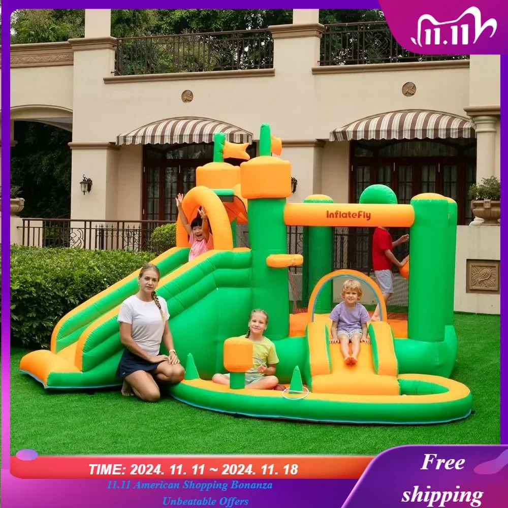 Inflatable Bounce House with Blower Playhouse Castle with Double Slides Ball Pit Pool for Kids 2-12 Wet and Dry