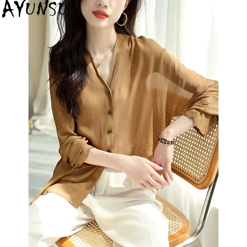 

Top Solid Shirt For Women Summer Long Sleeve Elegant Ladies Clothes Retro 100%Mulberry Silk Loose Silk Thin Shirt Women Clothing