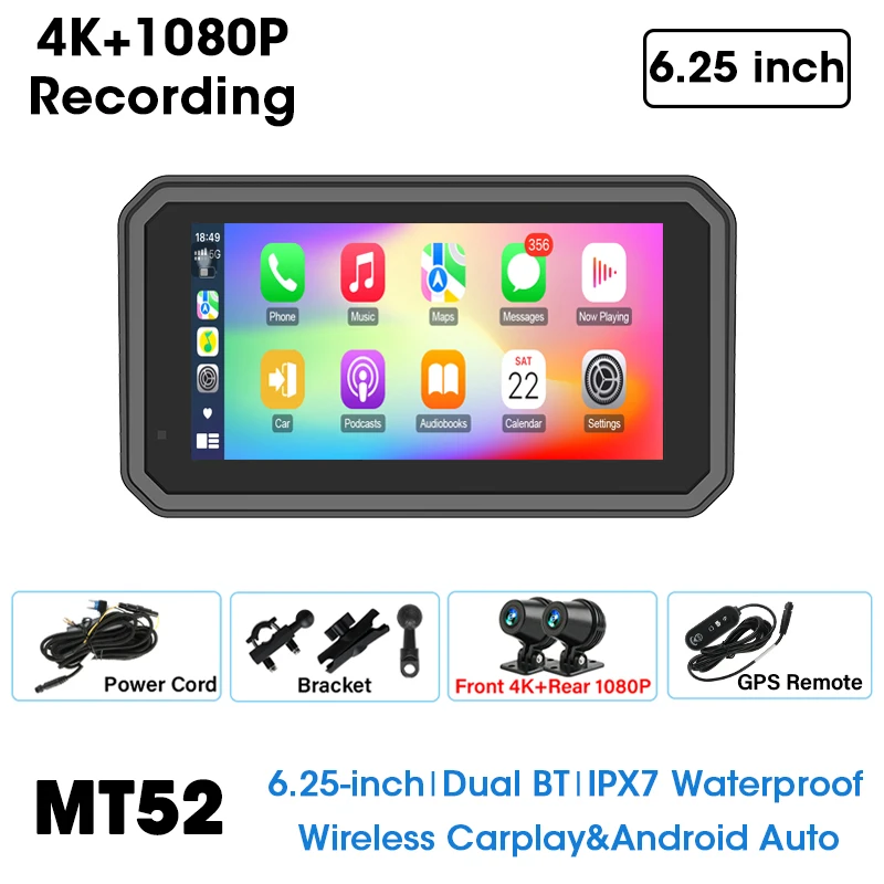 6.25 inch Motorcycle Carplay Scherm 4K DVR GPS Navigatie IPX7 Waterdichte Moto Monitor Dual Lens Video Recorder Ondersteuning TPMS