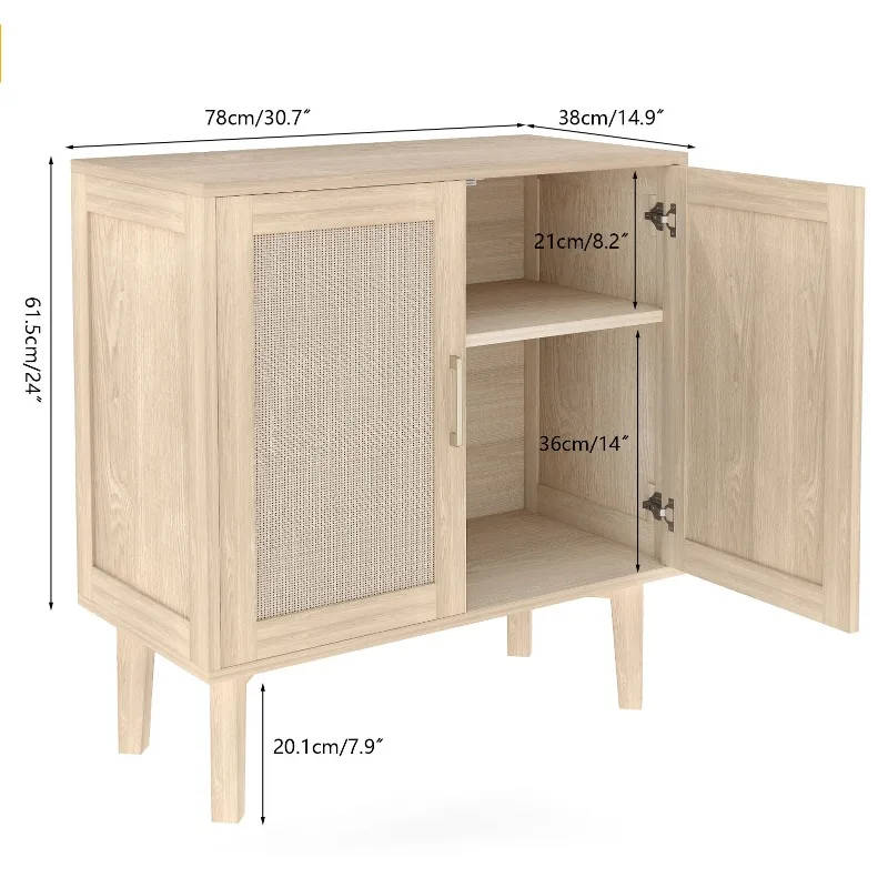 

Buffet Cabinet with Rattan Decor Doors Solid Wood Feet Multifunctional Sideboard Cabinet for Dining Room Kitchen Light Oak