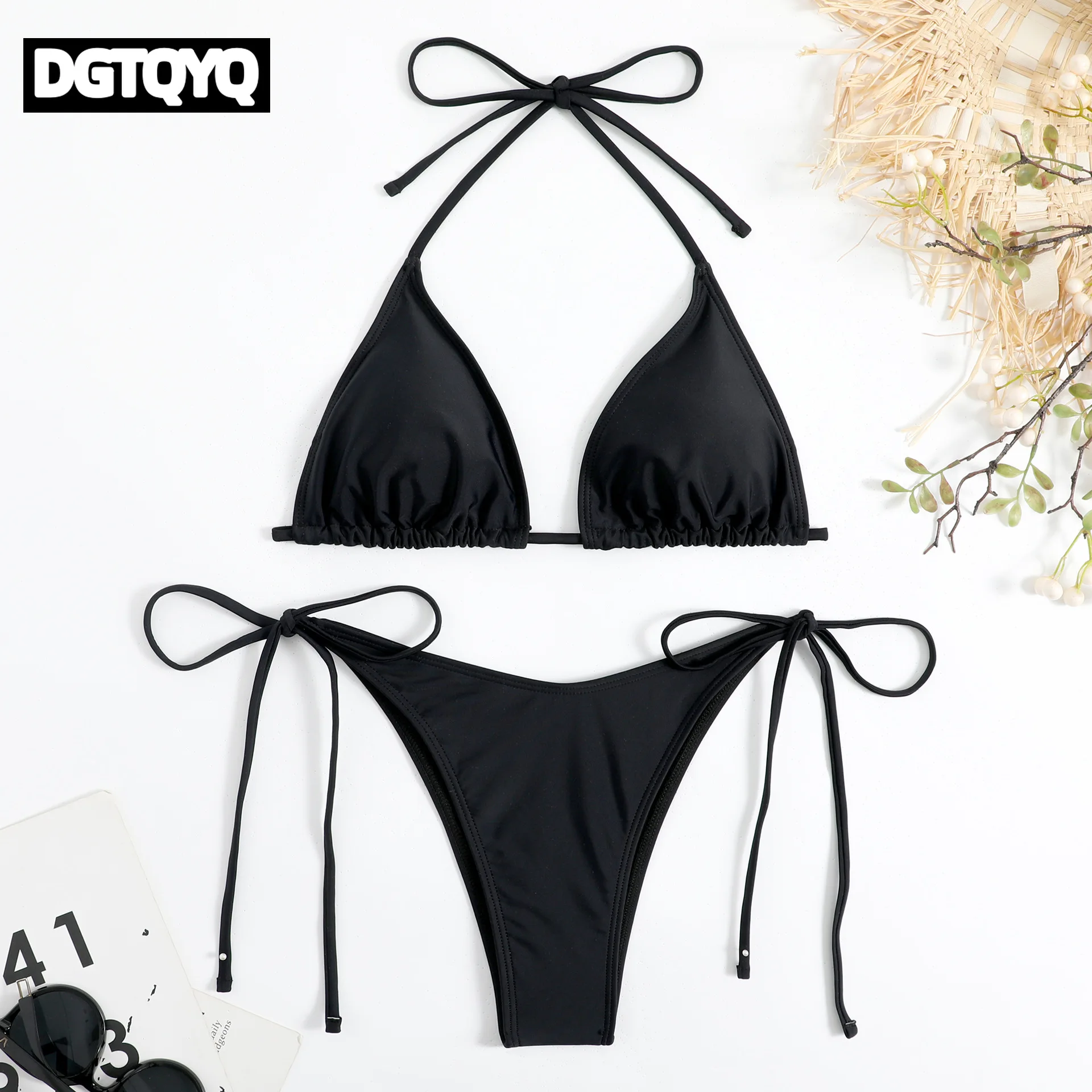 Sexy Brown Bikini 2026 Women Solid Red Halter Push Up Bra Tie Side Triangle Swimsuit Summer Bathing Suit Lace Up Micro Swimwear