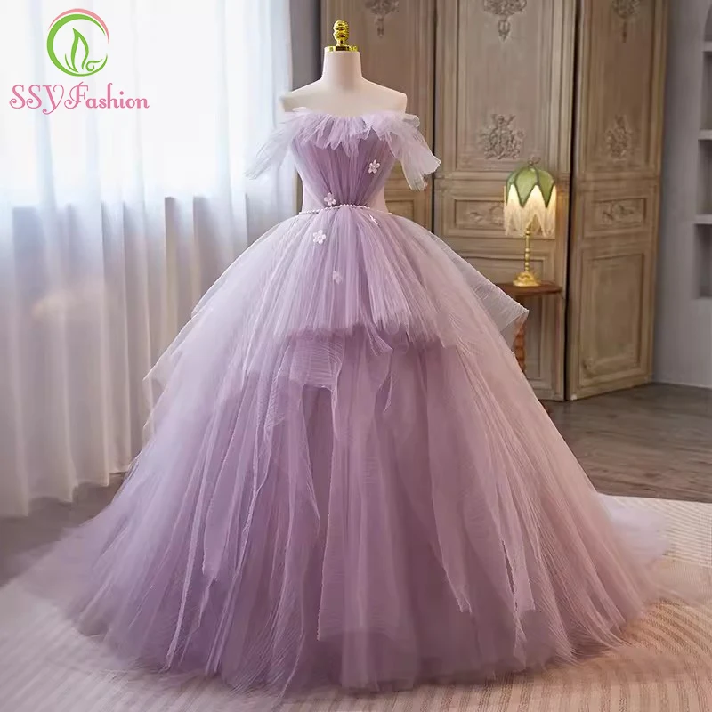 

SSYFashion New Sweet Lavender Evening Dress for Women Strapless A-line Sweep Train Romantic Party Formal Gown Vestido De Fiesta