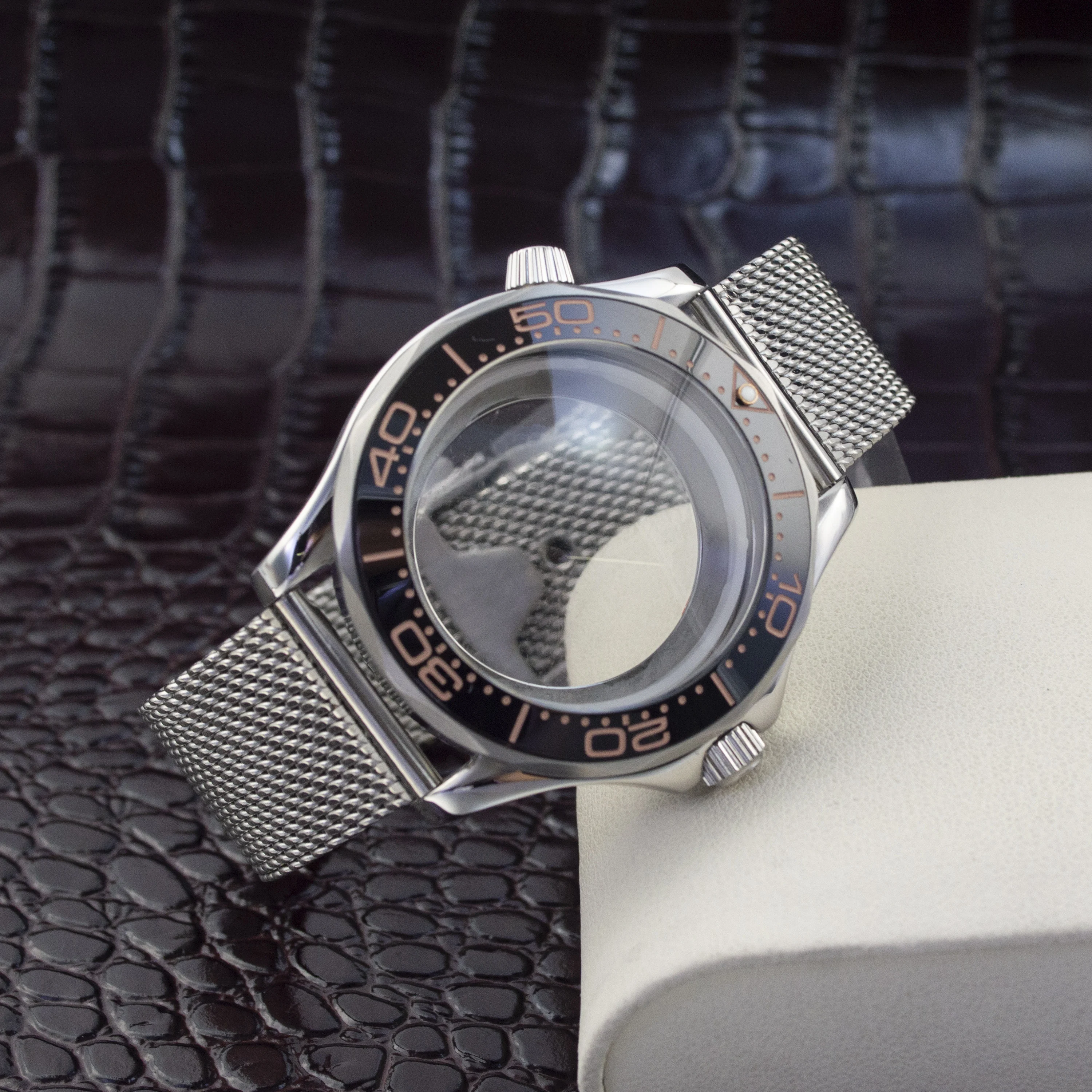 

Watch Case Stainless Steel Strap Ceramic Bezel For Seamaster 300 Watch Case Fit NH35 NH36 Movement Steel Milan Mesh Strap