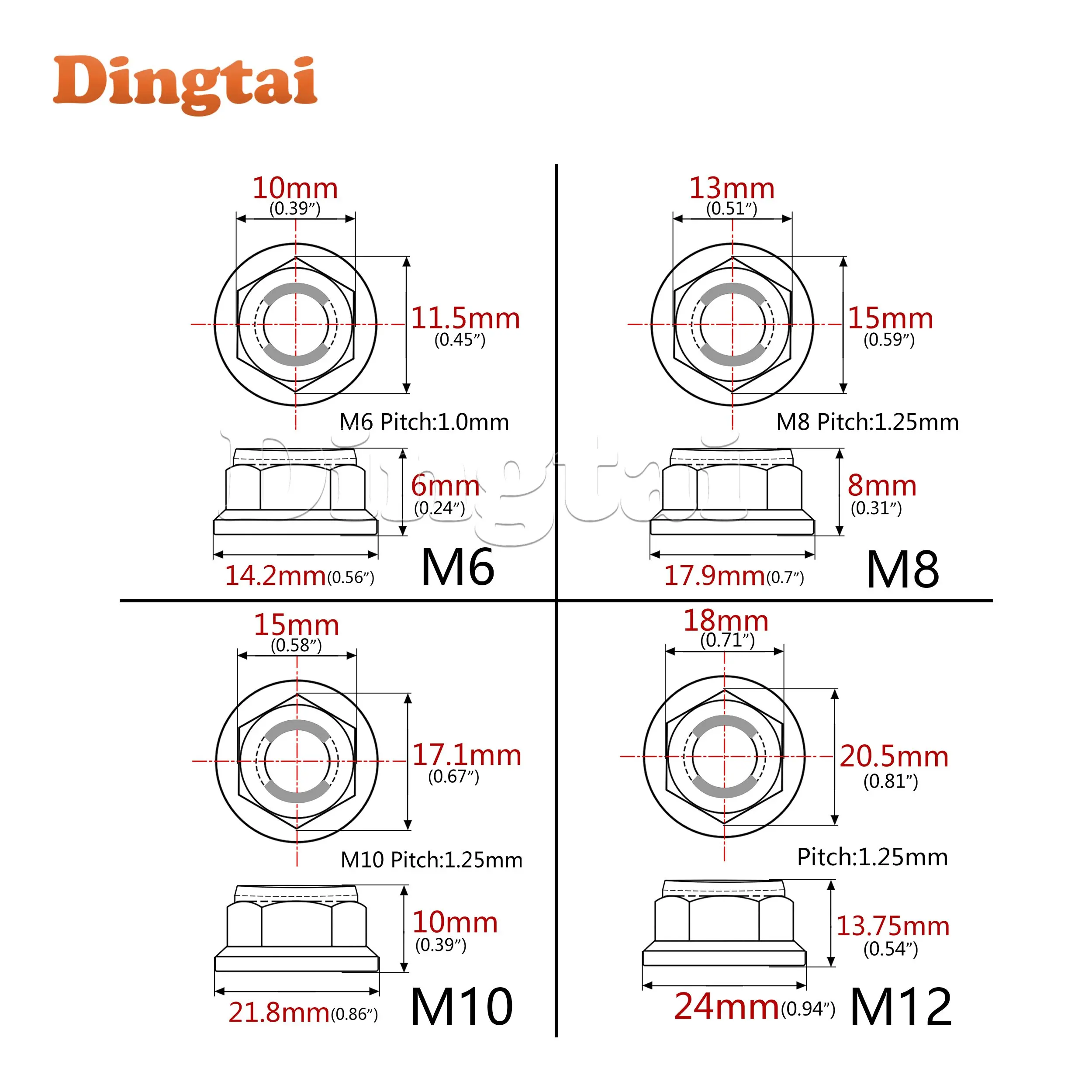 Dingtai  Titanium Nut M6 M8 M10 M12 Pitch1.25 Flange Lock Nuts for Cycling Modification