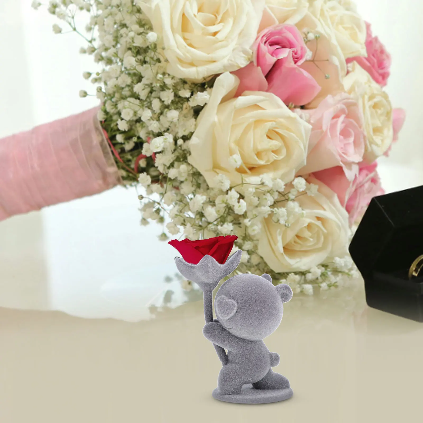 

Flocked Bear Figurine Home Decor Romantic Proposal Valentine Gifts Girlfriend Mantel Desk Office Livingroom Accessories