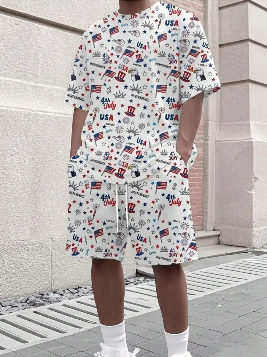 

Mens Independence Day Themed T-Shirt And Shorts Set With Firework Print Casual Summer Outfit