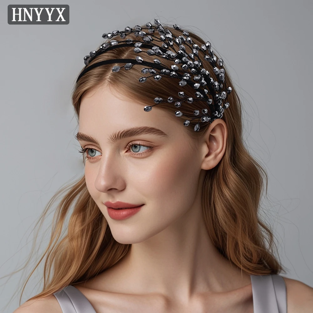 HNYYX Retro czarna kryształowa opaska na głowę dwurzędowa impreza codzienne akcesoria do włosów bal treska prezent biżuteria Tiara do włosów dla kobiet A214