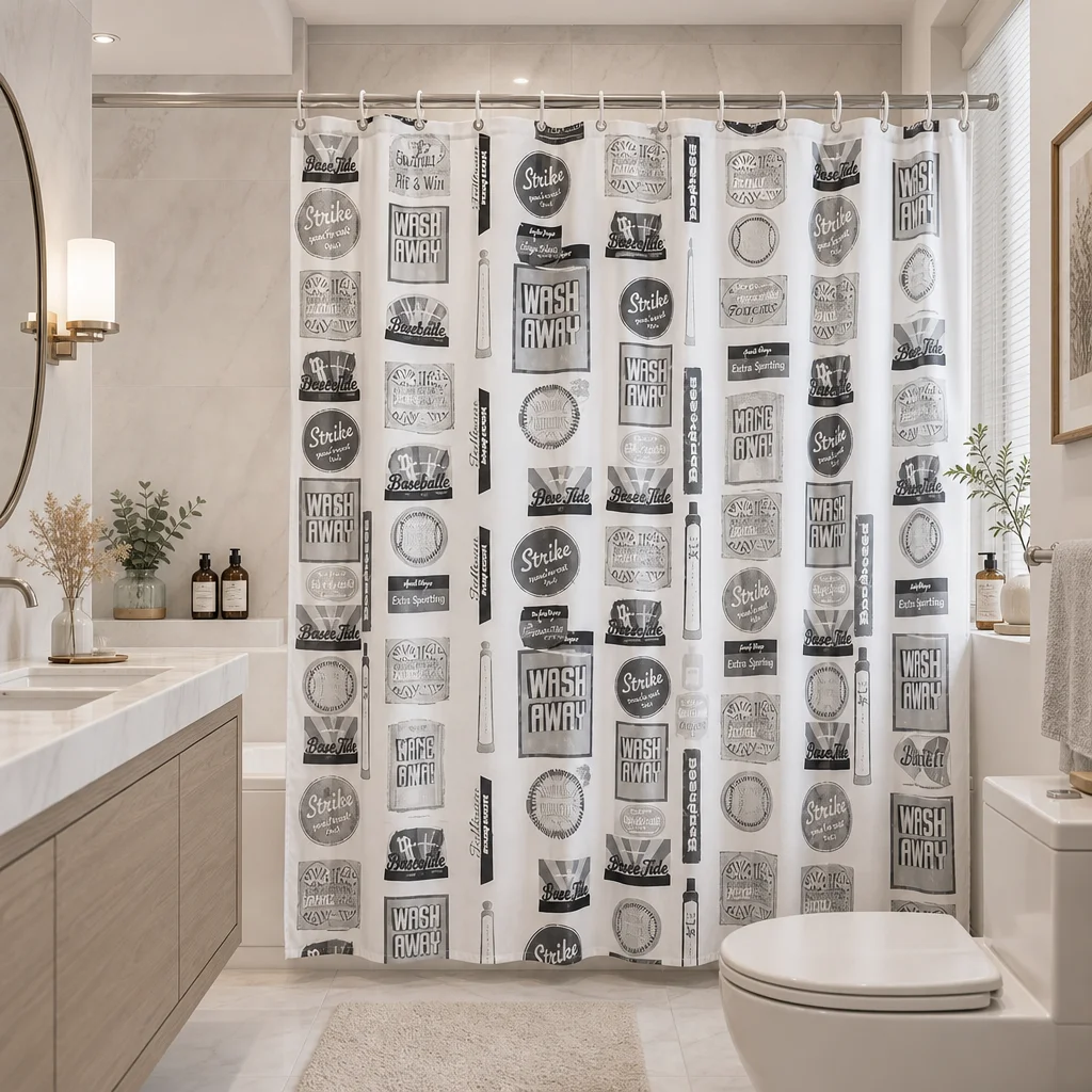 

Vintage Label Shower Curtain Retro Letter Stamp Pattern Waterproof Fabric Modern Bathroom Decor Curtains with 12Hooks 180x180cm