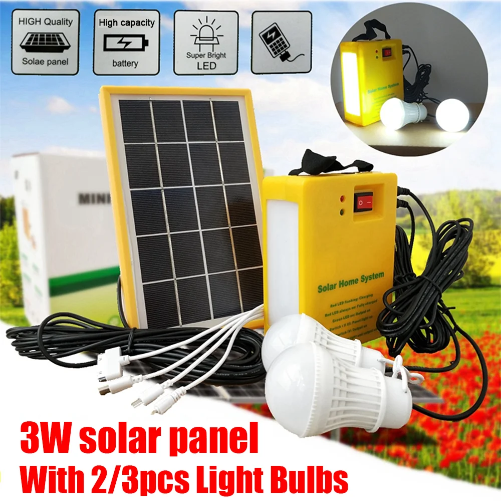 Solar Power Panel Generator Kit Home Solar Lamp System Kit USB 2/3Pcs LED Bulbs Outdoor Garden Solar Lamp Emergency Saving Light