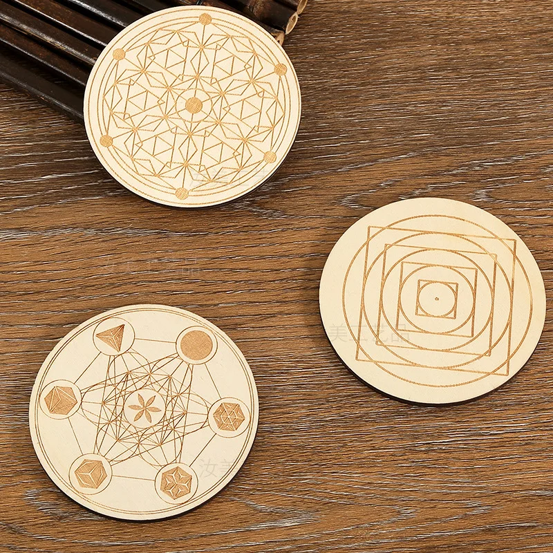 10Pcs Circular geometric pattern wooden Hexagram Star Crystal Energy Stone tray Christmas decoration insulated cushion coaster