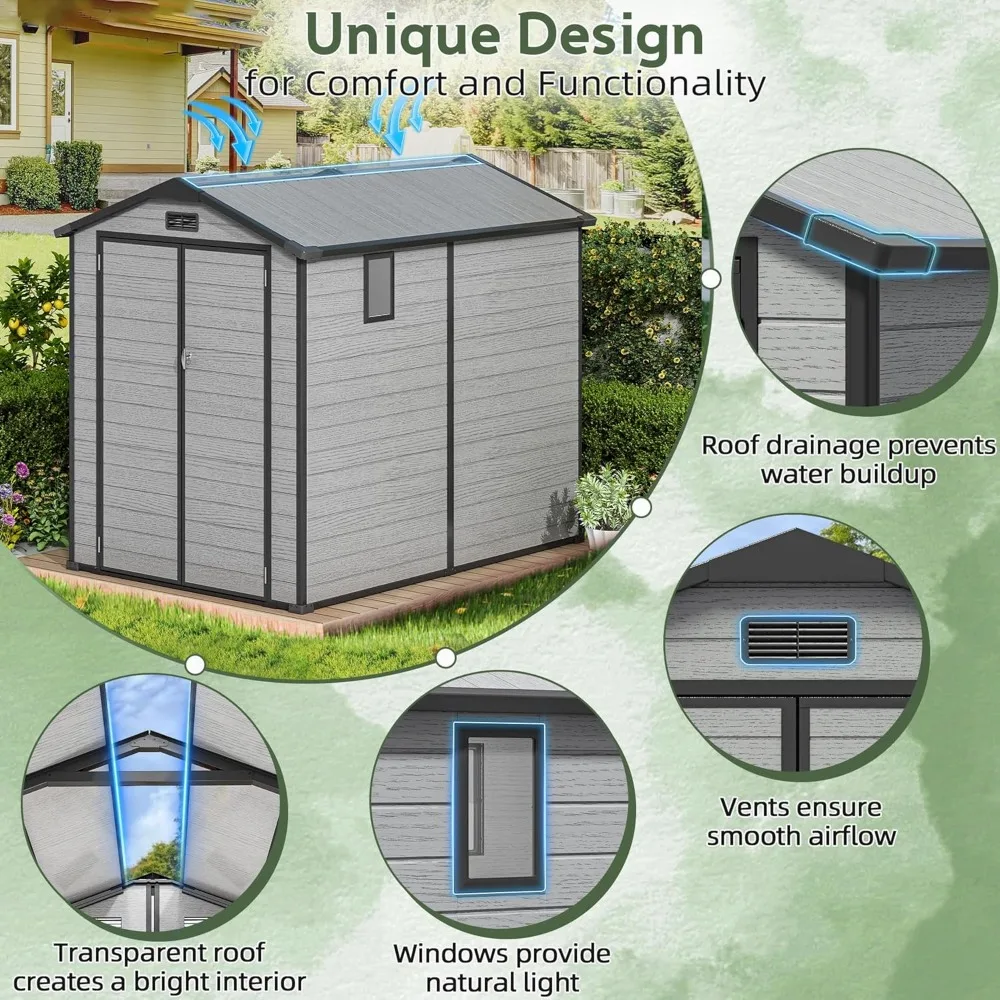 سقيفة تخزين خارجية بلاستيكية مقاس 6 × 8 أقدام، سقيفة أدوات باب مزدوج مع سقف وفتحة شفافة، باب قابل للقفل مع #3