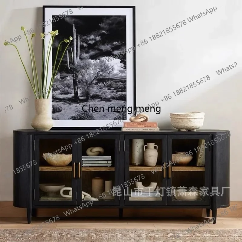 

American style distressed solid wood TV cabinet, living room light luxury curved sideboard, floor-to-ceiling storage entryway