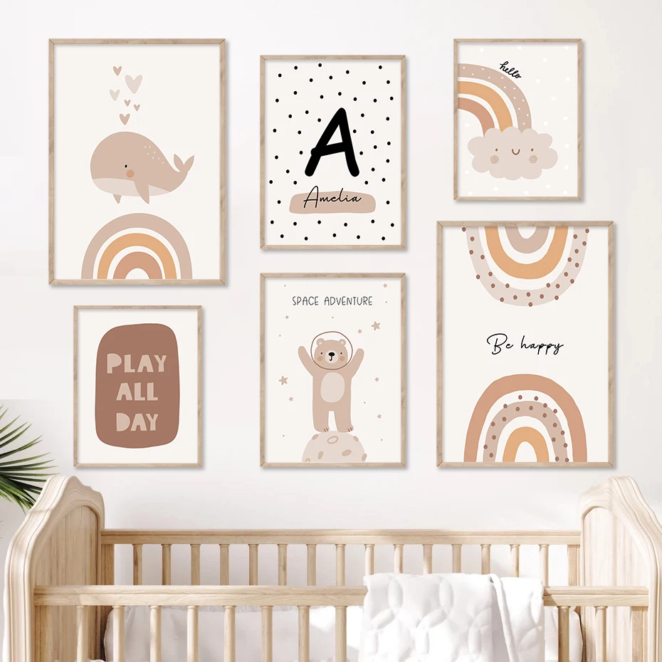 Boho Style Rainbow Custom Baby Name Poster Nursery Cartoon Cute Canvas Painting Wall Art Print Picture Children Kid Room Decor