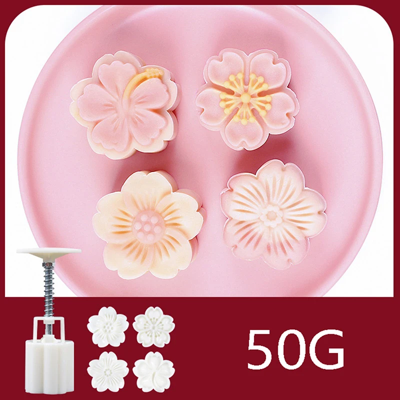 4Pcs/Set 50g Three-Dimensional Cherry Blossom Mold DIY Mid-Autumn Sakura Mooncake Pattern Stamps Hand Press Pastry Baking Tool