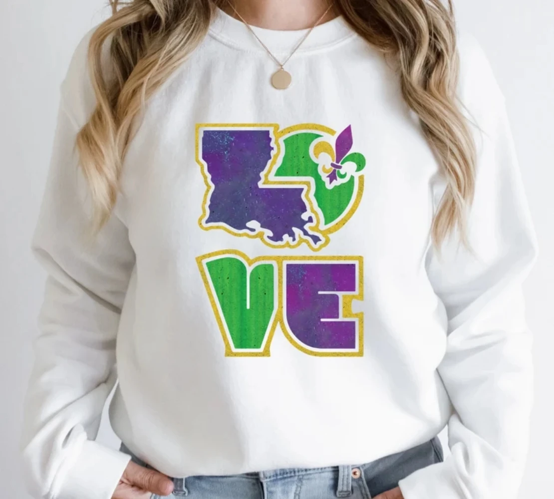 Louisiana Mardi Gras Love Sweatshirt Groovy New Orleans Sweater Fat Tuesday Shirt Festival Carnival Parade Party Pullover Top