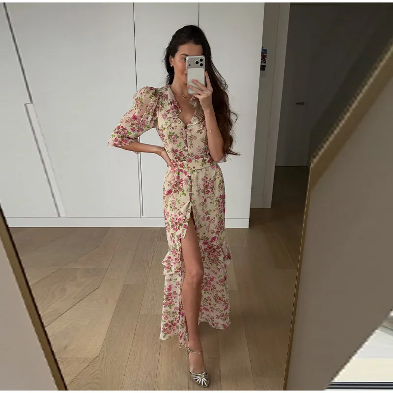 Elegant Ruffle Women's Long Dresses V Neck Half Sleeve Button Waist Cinching Pleated Dress 2026 Spring Lady Fashion Party Robes