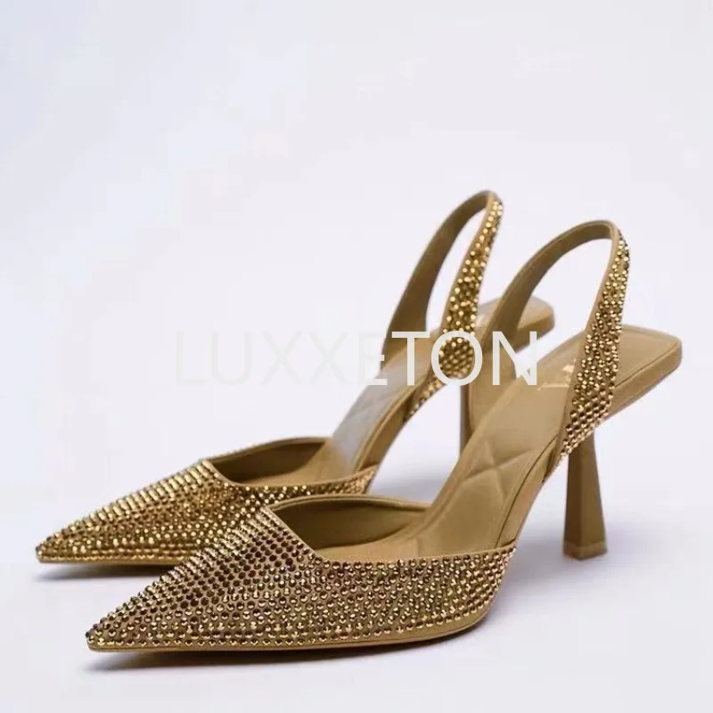 2024 Summer New Spring and Autumn Sandals Women's High Heel Pointed Back Hollow Colored Diamond Bright Decoration Fashion Shoes