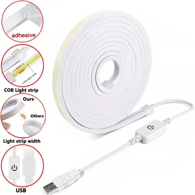 USB COB Led Strip 5v Led Ribbon Adhesive High Brightness for Room Waterproof Led Strip Flexible Ribbon for Outdoor Garden Lighti