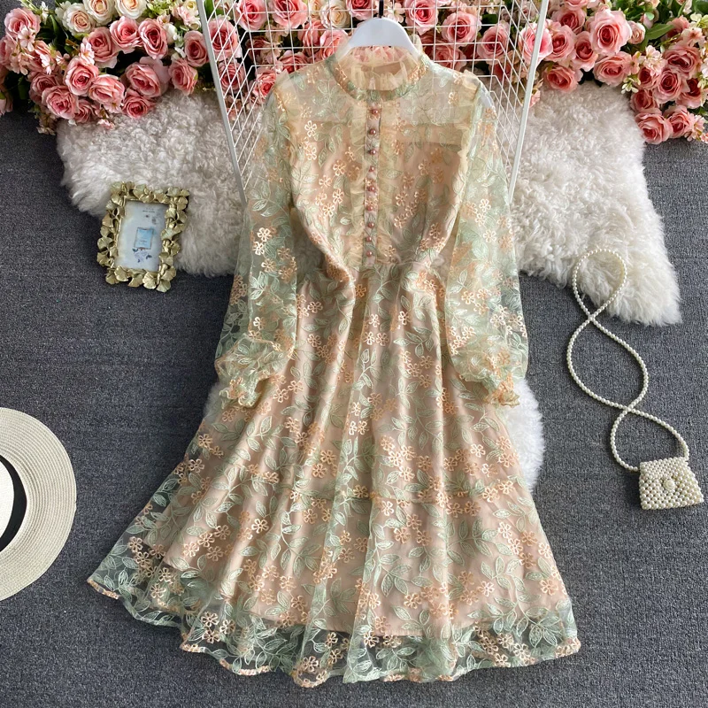 

Spring Autumn Chic Floral Embroidery Mesh Dress Women Ruffles A Line Large Hem Lace Dresses Ladies Elegant Long Party Vestidos
