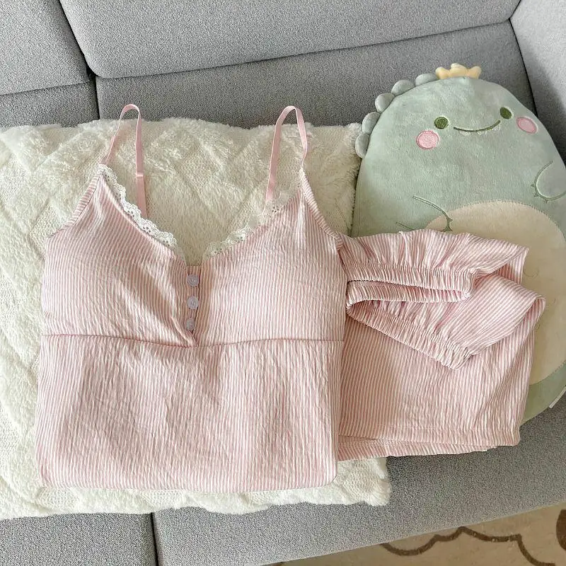 夏用純綿寝間着セット レディース ホームウェア 胸パッド付き セクシー 可愛い 大きいサイズ 半袖 Vネック ストライプ柄 1