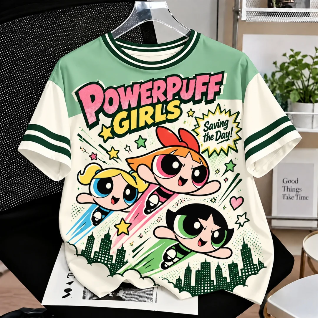 Powerpuff Girls Cartoon T-Shirt Unisex 3D-Druck Farbblock-Streifen-Manschette Kurzarm-T-Shirt Süße Anime-Freizeit-Oberteile Kinder-T-Shirt ﻿ – Detail 3