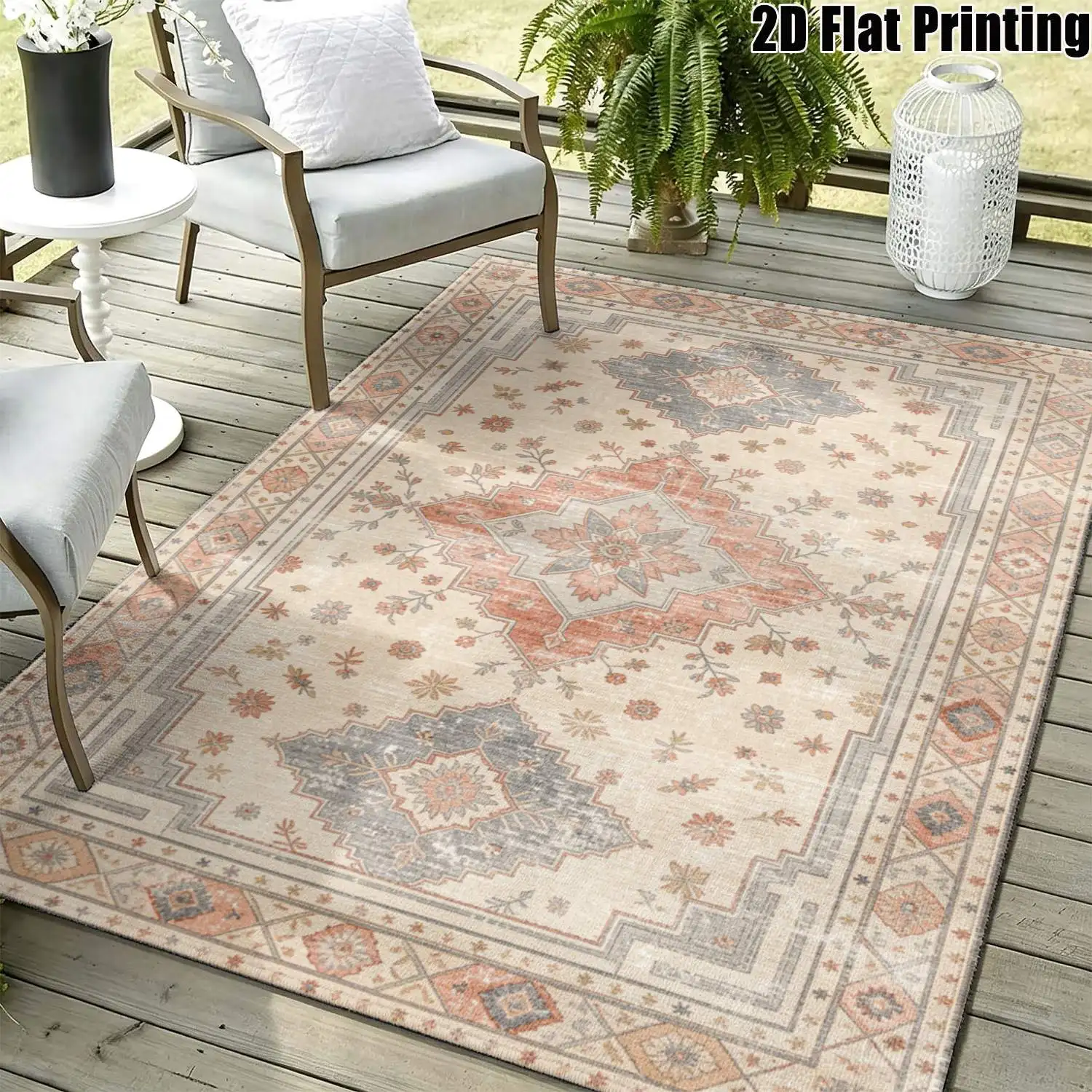1Pc 2D Printed Beige Blue Gray Geometric Vintage Bohemian European Carpet, Home Decor, Multi-Size, Machine Washable, for Living Room Bedroom Dining Room Entrance Study