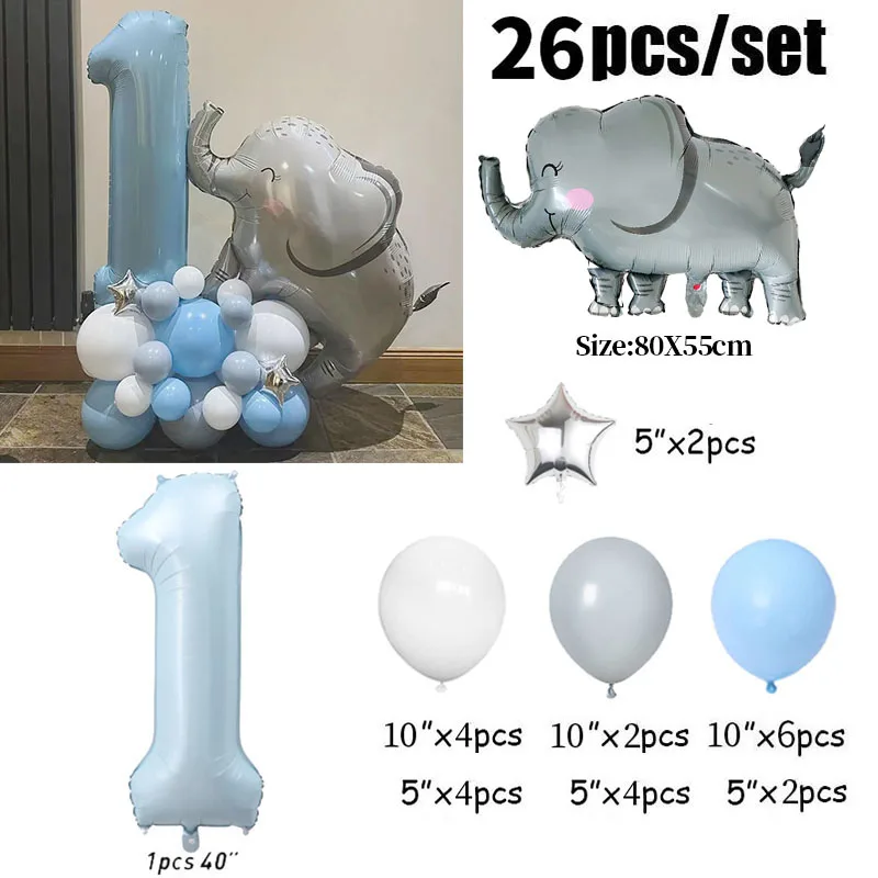 26pcs 40inch Blue Number Elephant Star Foil Balloons 1st Birthday Party Decorations Kids Boy 1 2 3 4 5 6 7 8 9 Year Old Supplies