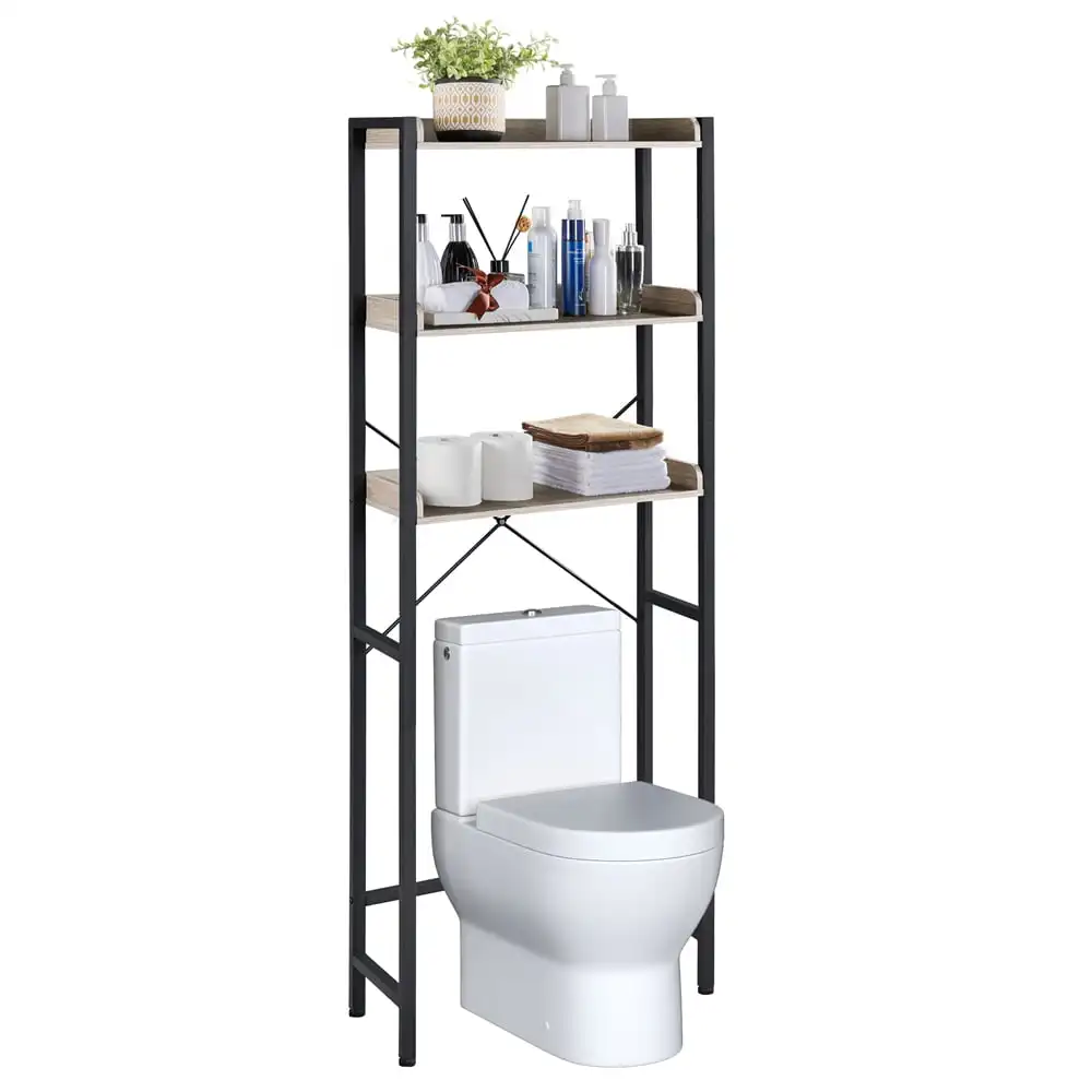 3-Tier Over-the -Toilet Storage Rack with Metal Construction and Wooden Open Shelf for Toilet, Gray