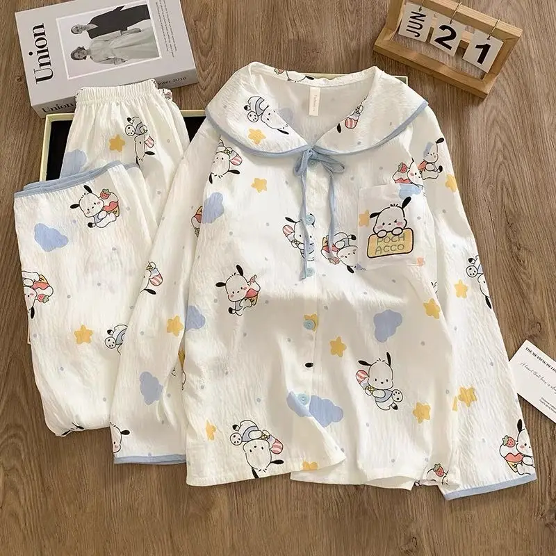 

Модная женская пижама Sanrio Pochacco с длинными рукавами из чистого хлопка, мягкая, уютная, для весны и осени, высококачественный домашний комплект.