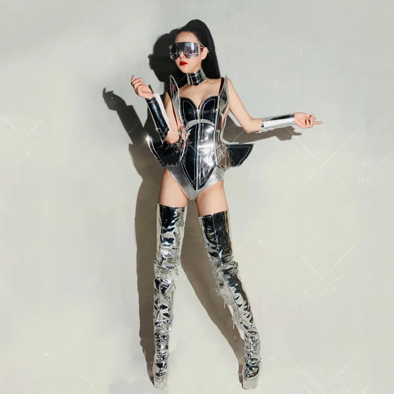 Punk Style Silver Suit Gogo Dance Costumes Bar Nightclub Dj Ds Party Sexy Pole Dance Outfit Women Stage Rave Clothes XS6061