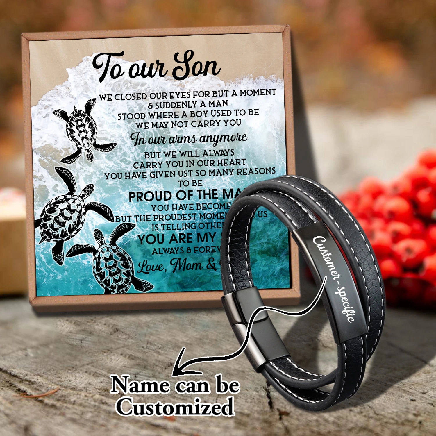 

Sam3040 Mom And Dad To My Son Name Can Be Customized Card text Pendants, Hand Bracelet, Men's Jewelry