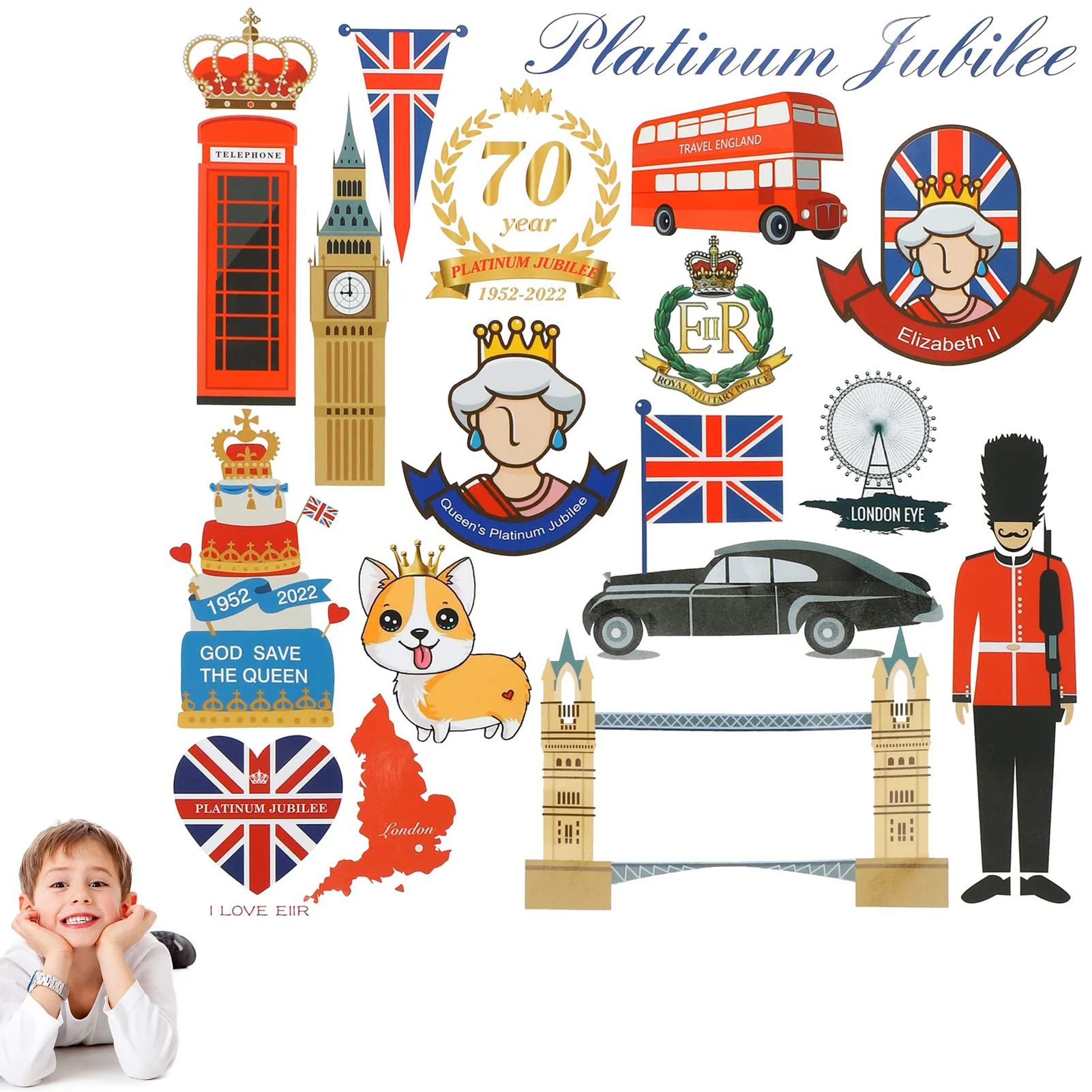 57 piezas de pegatinas decorativas de Union Jack 2022 70, pegatinas decorativas de la Reina del jubileo, decoraciones británicas de Londres, calcomanías de PVC para