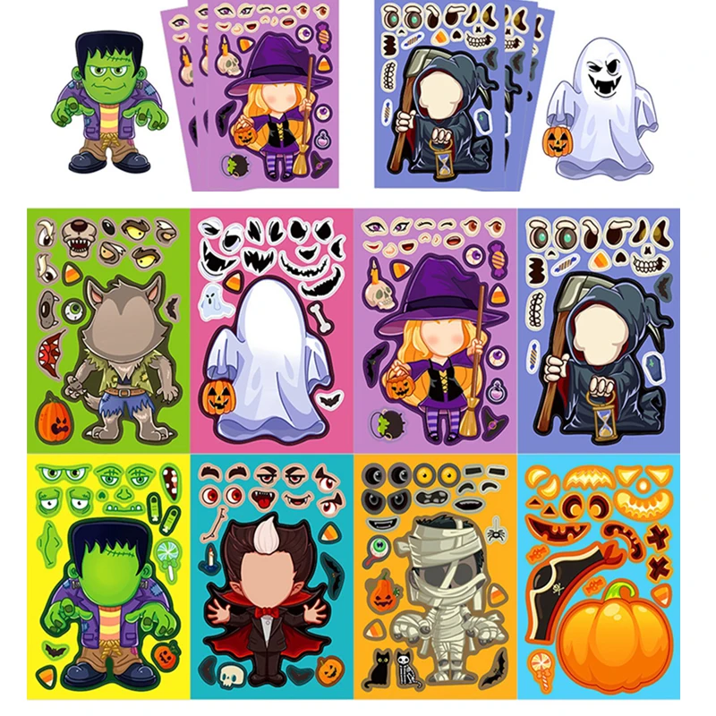 8p/16pcs Halloween Themed Pumpkin Ghost Puzzle Sticker Toy Gift Halloween Decoration Favor Sticker Gift For Kid Gift Bag Fillers