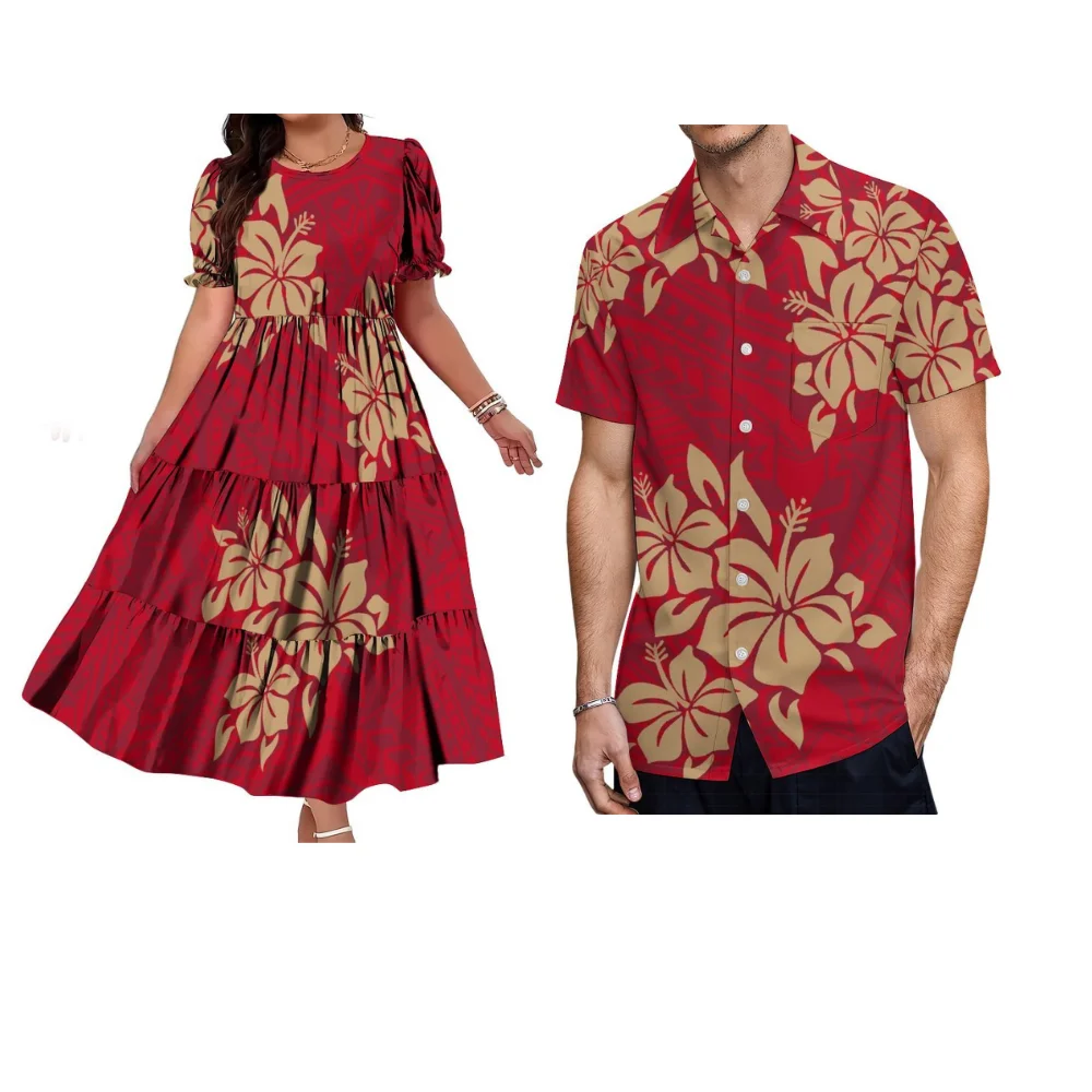 

Летнее платье на заказ - Ретро повседневный комплект для пары - Полинезийское свободное платье с круглым вырезом, рукавами-баллон и поясом, женское платье-торт