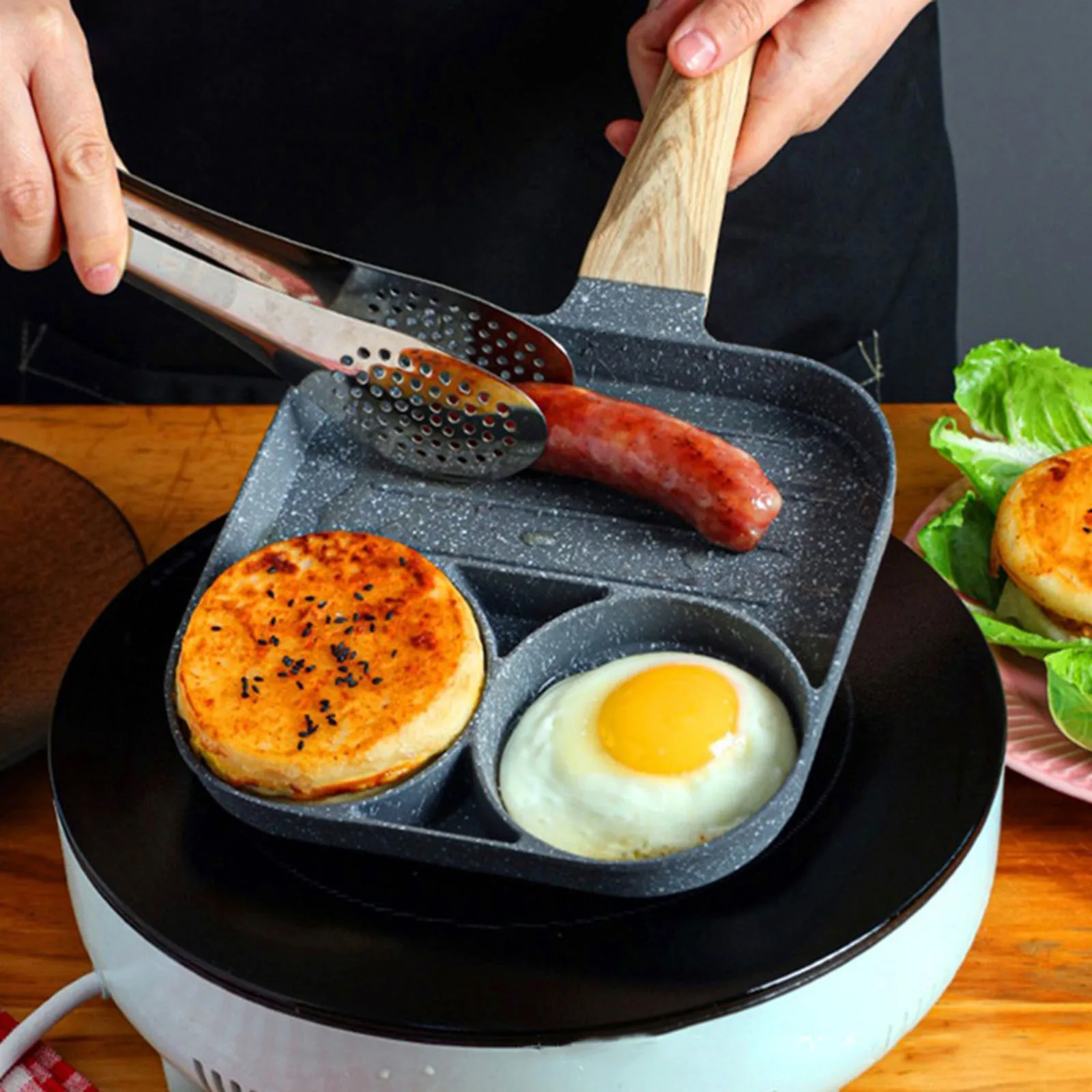 3-in-1  Stone Egg Frying Sausage Cooker Pan