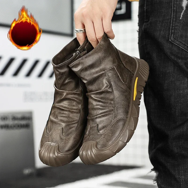 Men's Boots High Cut Workwear Men Shoes Autumn 2025 Flats Zipper Pleated Non Slip Comfort Thick Soled Wear-resistant Boots Men