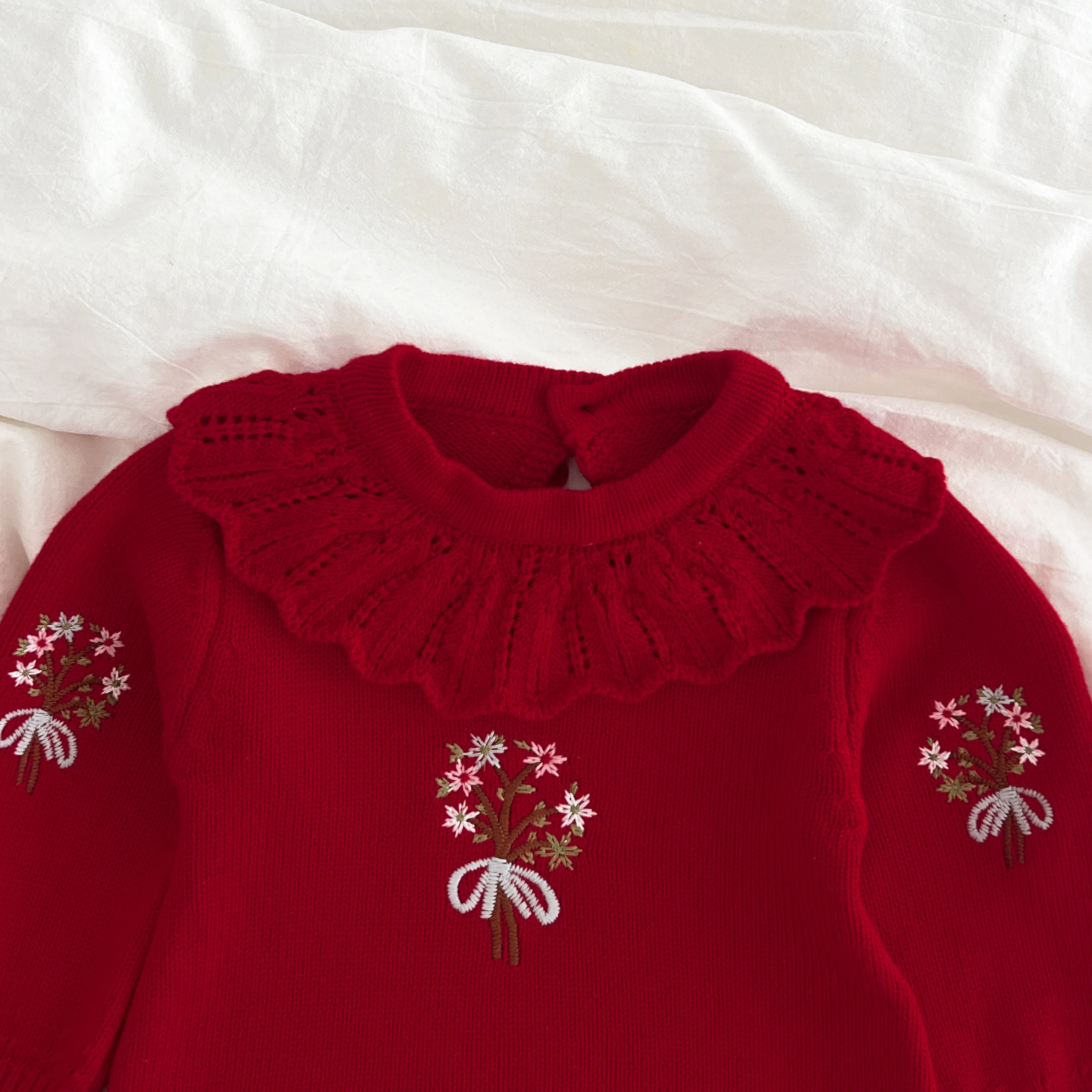 Weihnachten Stickerei Floral Baby Mädchen Pullover Strampler Neugeborenen Lange Ärmel Stricken Kleidung Prinzessin Strickwaren Winter Herbst Overall ﻿ – Detail 4