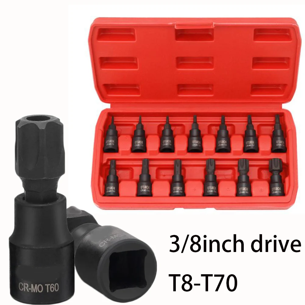 ForTorx Socket Kit 13 pcs 3/8 Inch Drive for t8 to for t70 Steel Construction for Use for in Garage Workshops and Mobile Repair