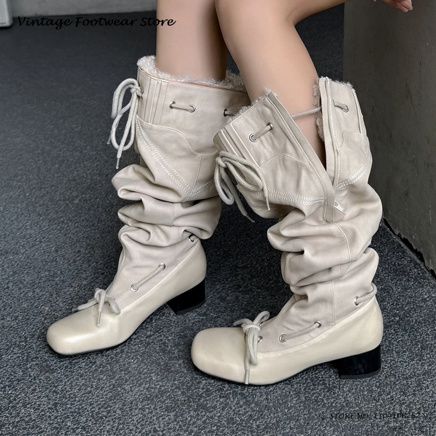 

Detachable Faux Fur Pleated Knee Boots Bowknot Square Toe Chunky Heel Casual Shoes Autumn Winter Lace-up Pleated Warm Boots