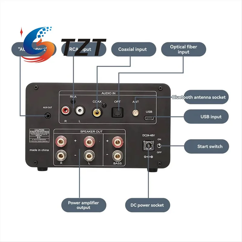 TZT D185 2.1 Channel Digital Power Amplifier Bluetooth5.4 Audio Amplifier ES9038Q2M Decoding with Three VU Meter