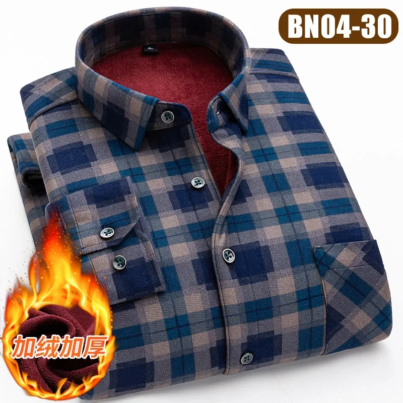 Winter Men\'s Long-sleeved Padded Shirt Single-breasted Square Collar Warm Thick Shirts Striped Plaid Camisa Male Chemise L-5XL