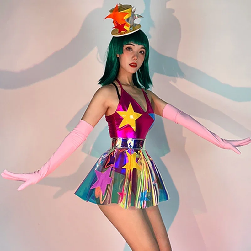 Discoteca Gogo Dancer Traje, Bodysuit Laser, Saia, Star Club Show, DJ Outfit, Pole Dance Roupas, Roupa Rave, Roupa Festival