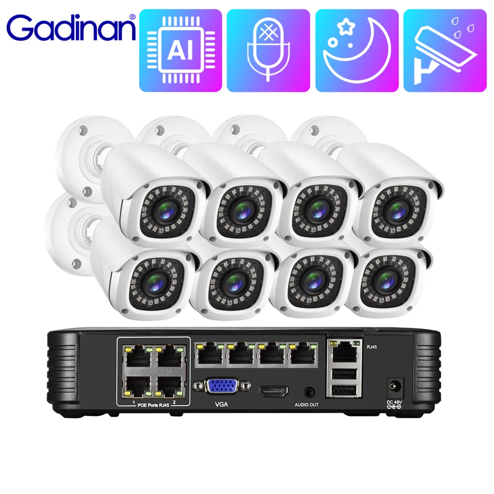 Gadinan 4CH 8CH NVR Kit 4K 8MP IP camera Outdoor Audio Record CCTV Motion Detection Applicable to Home Security Protection XMeye