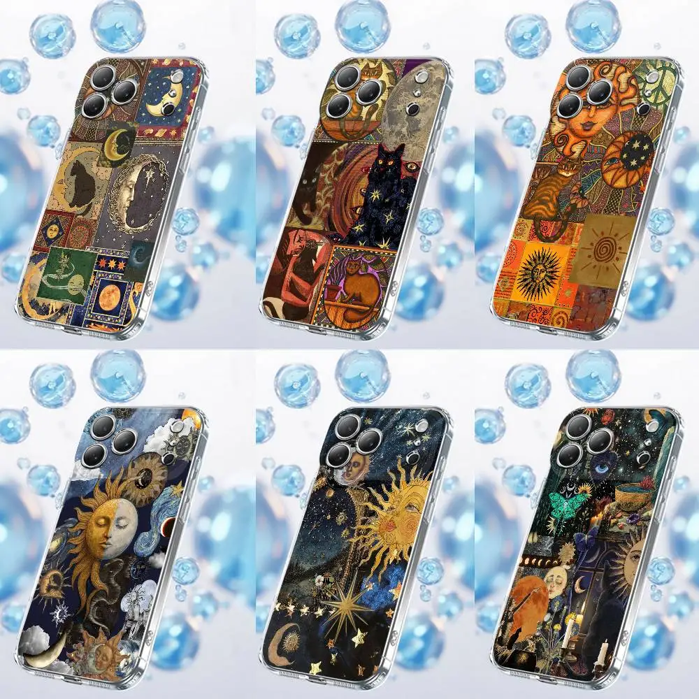 

Fashion Sun Moon Cat Stars Phone Case For iPhone 17,16,15,14,13,12,11 Plus,Pro,Max,Plus,E,SE4,Air,Mini Transparent