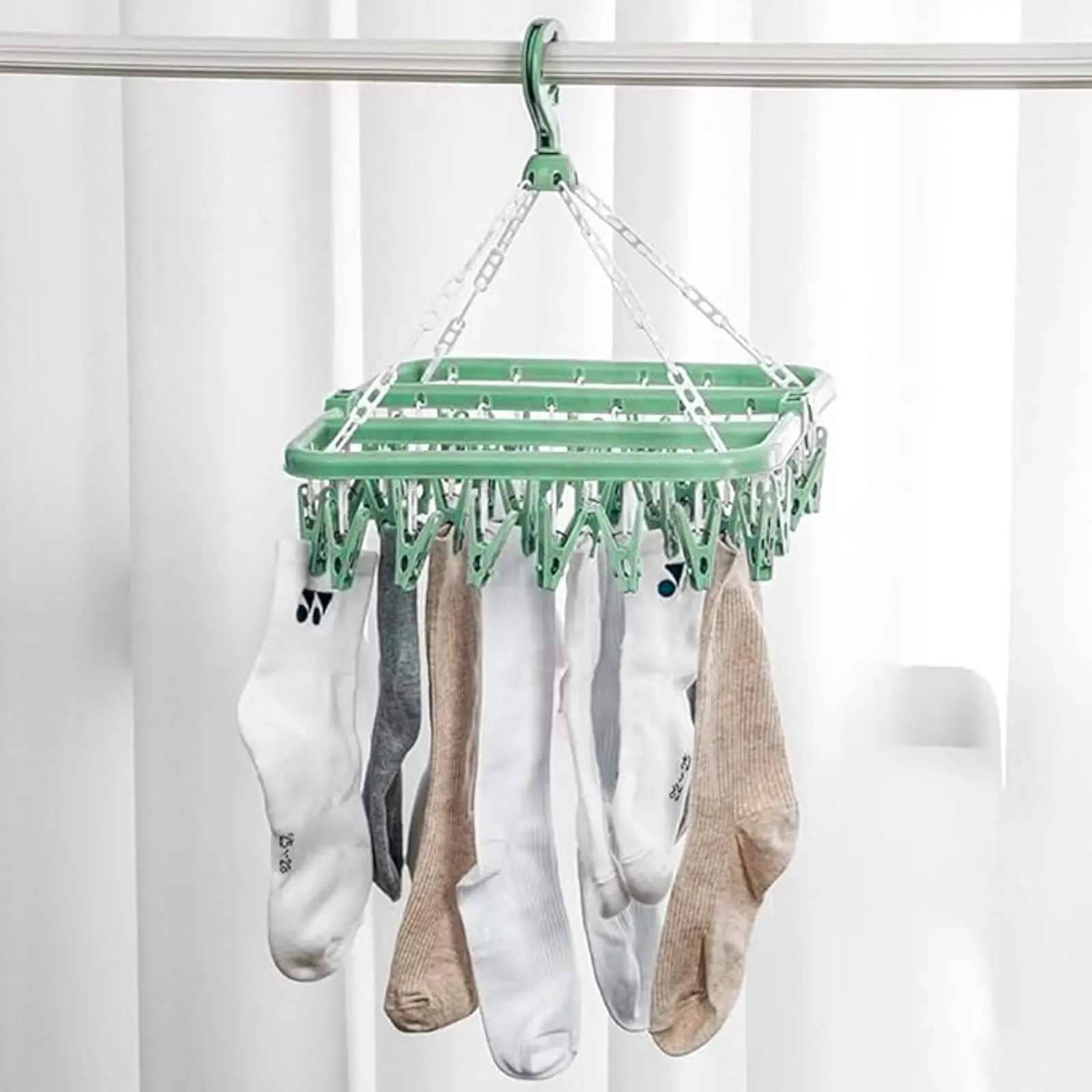 Foldable Clip and Drip Hanger with 32 Clips - Plastic Hanging Drying Rack for Clothes Underwear Socks