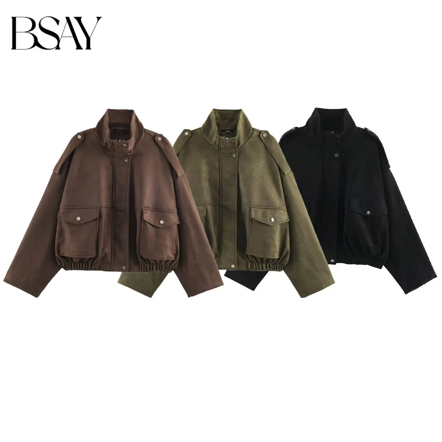 BSAY 2026 Women Vintage Cargo Faux Suede Jacket Stand Collar Shoulder Strap Flap Pocket Drawstring Hem Loose Cropped Outerwear
