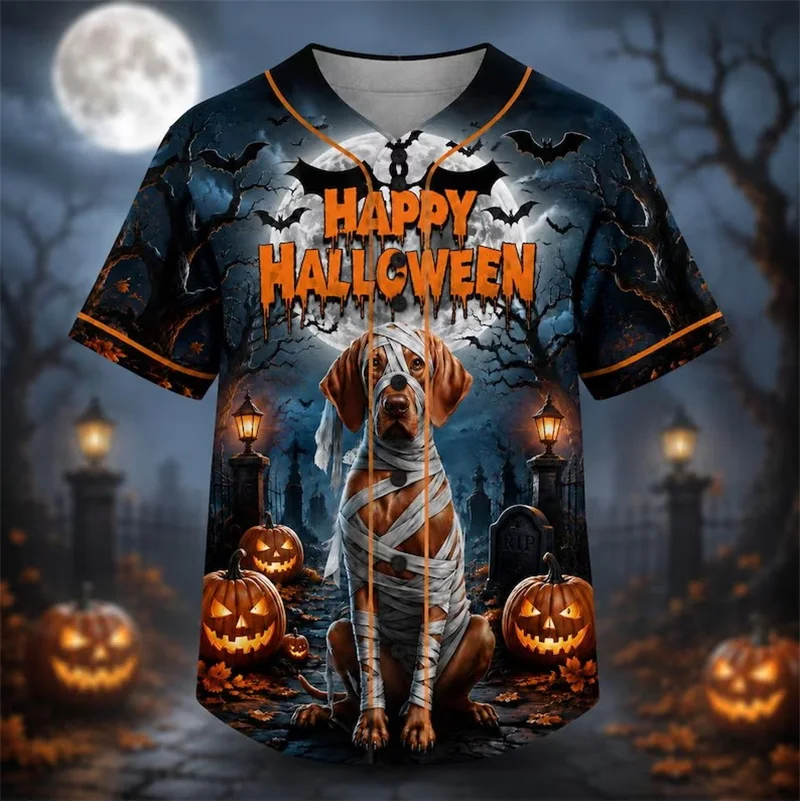 Vintage Halloween Trick Or Treat Skeleton Ribcage Pumpkin Baseball Jersey 3D Print Men Short Sleeve halloween Party Team Shirt