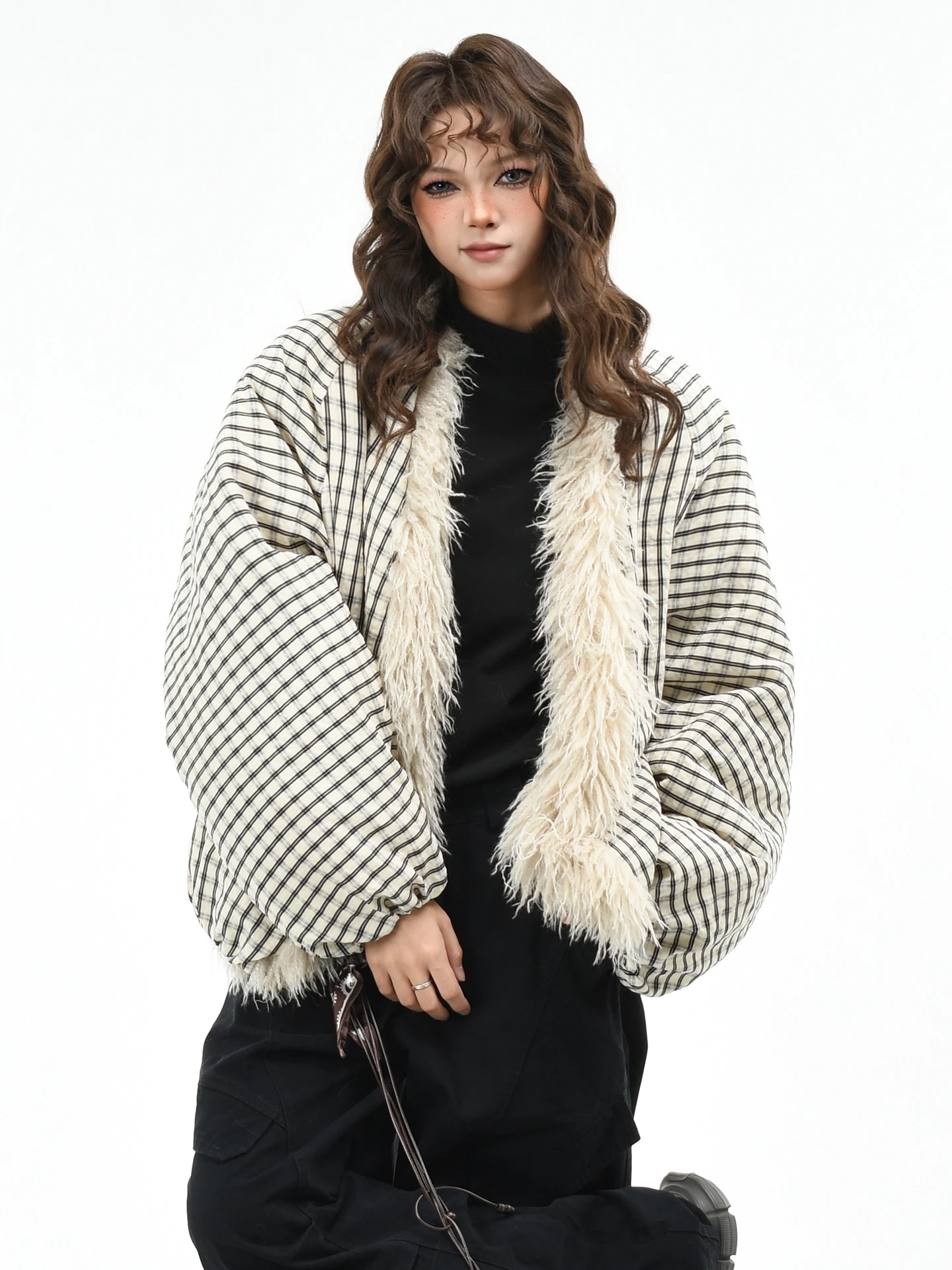 

Оригинальное американское ретро-пальто OV в клетку из экологичного искусственного меха, хлопковое, женское, зимнее, приталенное, теплое, модное