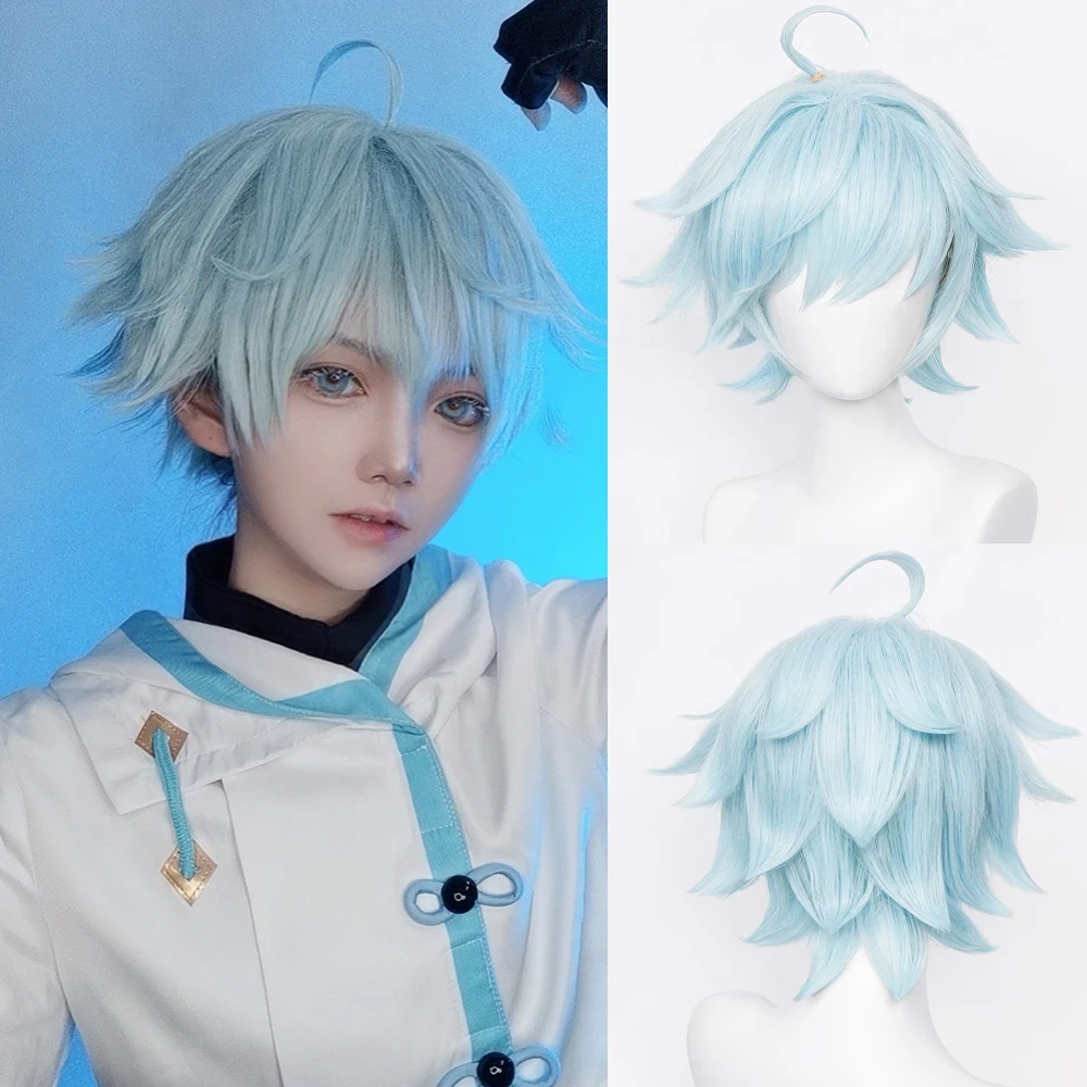 

RANYU Men Anime Game Short Synthetic Blue Cosplay Hair Heat Resistant Wig for Party